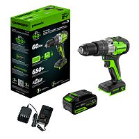Дрель-шуруповерт ударная аккумуляторная Greenworks GD24DD60,б/щет,30/60Нм,1х4Ач,ЗУ,кор (3704107CUB)