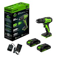 Дрель-шуруповерт аккумуляторная GreenWorks GD24DD35 б/щет, 29/35Нм, 2x2 Ач, ЗУ, кор (3704007CUC)