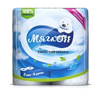 Туалетная бумага Мягкоff 16 м. Белая с тиснением, с перфорацией, 2 слоя, 4 рулона.