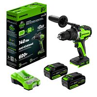 Дрель-шуруповерт аккумуляторная GreenWorks GD24DD140 б/щ, 70/140 Нм, 2x4 Ач, ЗУ, кор (3707607CUD)
