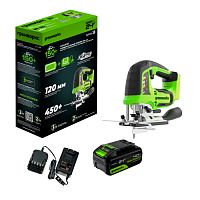 Лобзик аккумуляторный Greenworks GD24JS120,б/щет,120 мм,0-3500/мин, LED,1х4Ач,ЗУ,кор (3601407CUB)